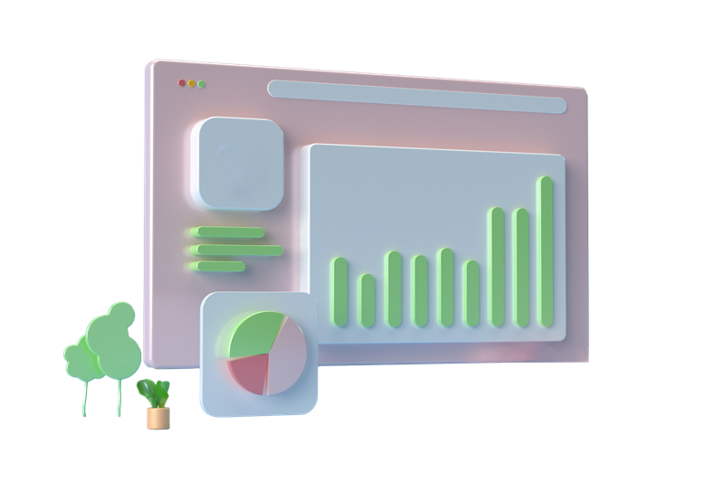 3D analytics dashboard with bar and pie charts