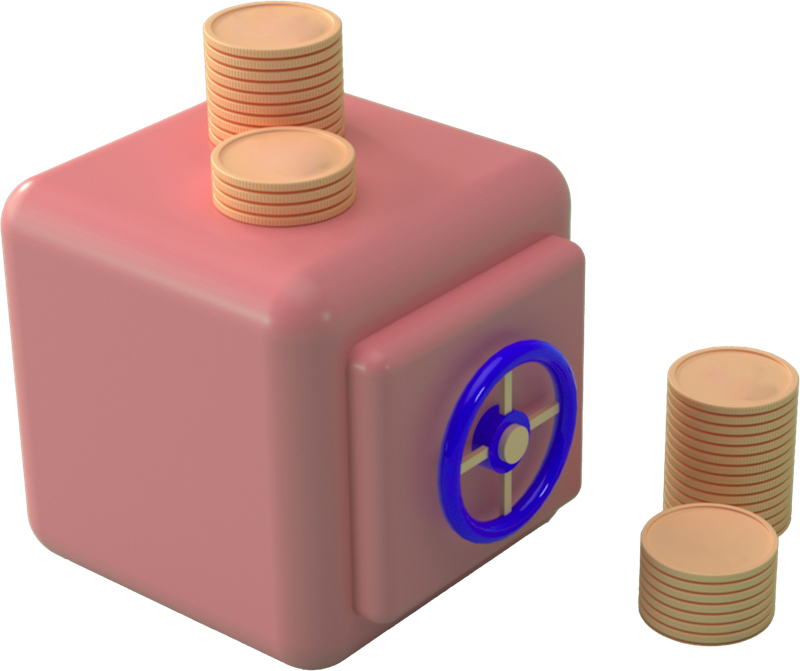 3D vault safe surrounded by stacks of coins
