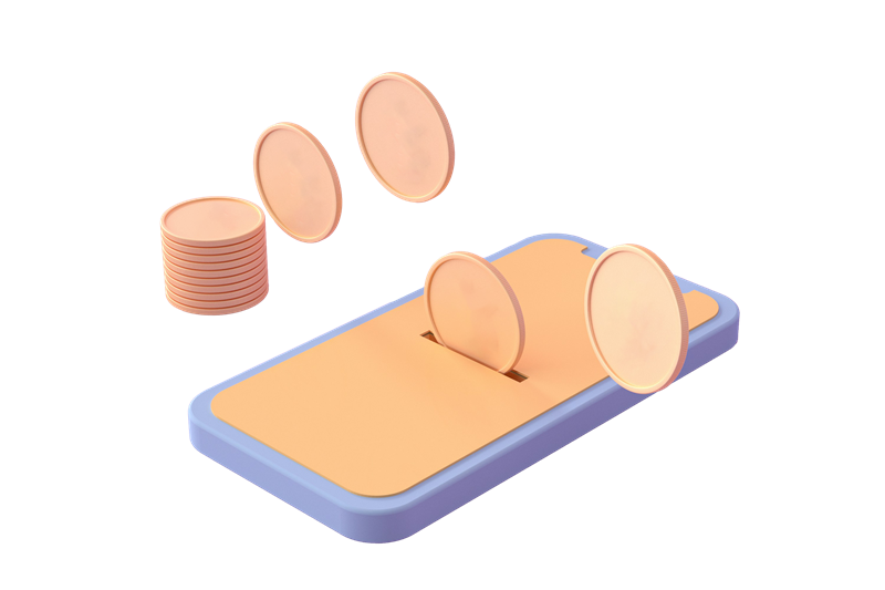 3D coins dropping into a smartphone